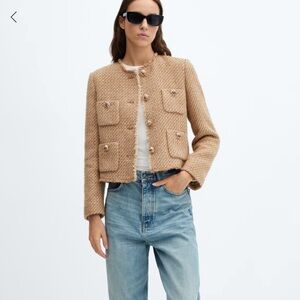 Mango Women's Beige Tweed Jacket with Jewel Buttons size small